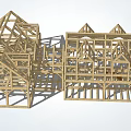 Wooden House Frame Construction with Multiple Roof Structures and Wooden Beams