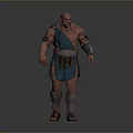 Muscular Bald Man In Ancient Warrior Blue Tunic With Arm Guards Leg Armor And Sandals