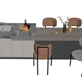 Modern Dining Table Set With Chairs Fruit Platter Flower Vase And Cabinets 3d model