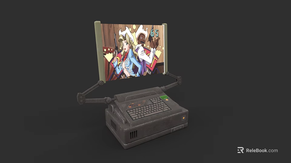Vintage Computer With Adjustable Monitor Stand And Cartoon Character 3d model 