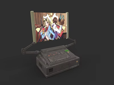 Vintage Computer With Adjustable Monitor Stand And Cartoon Character 3d model