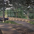 Outdoor Wooden Tables And Stone Chairs Surrounded By Trees Green Grass And Stone Walls