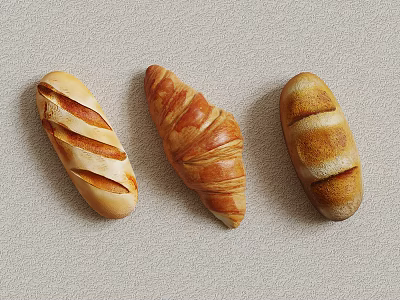 Freshly Baked Assorted Bread Including Croissant Baguette And Loaf On Beige Surface 3d model