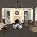 Warm Elegant Living Room Interior With Fireplace Beige Sofa Armchairs And Round Mirror Chandelier