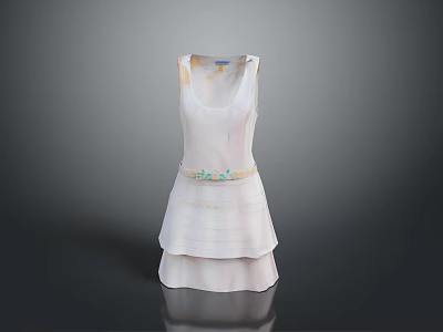 White Layered Dress With Decorative Waist Belt And Floral Accents 3d model