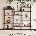 Wooden Chinese Style Shelves With Books Vases Tea Sets And Decorative Items In Interior