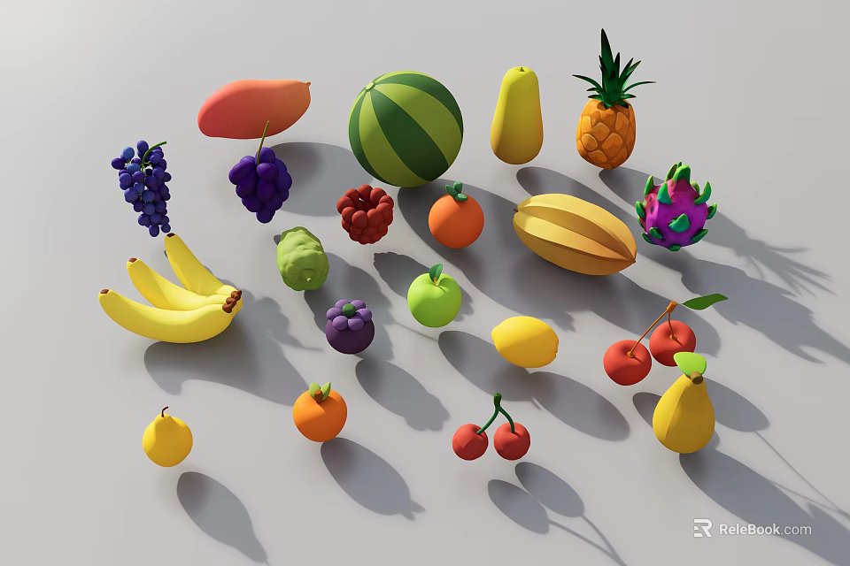 Assorted Fresh Ripe Colorful Fruits Including Bananas Grapes Watermelon Pineapple And Apples 3d model 