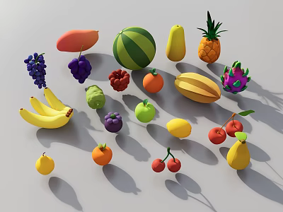 Assorted Fresh Ripe Colorful Fruits Including Bananas Grapes Watermelon Pineapple And Apples 3d model