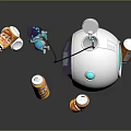 Cartoon Scene With Playful Robot In Purple White Device And Floating Orange Drink Cans