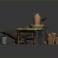 Vintage Garden Tools And Furniture With Wheelbarrow Stool Clay Pot Watering Can And Wooden Table