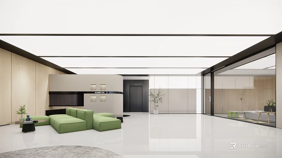 Modern Leisure Area Interior With Green Sofas White Flooring And Wooden Walls 3d model 