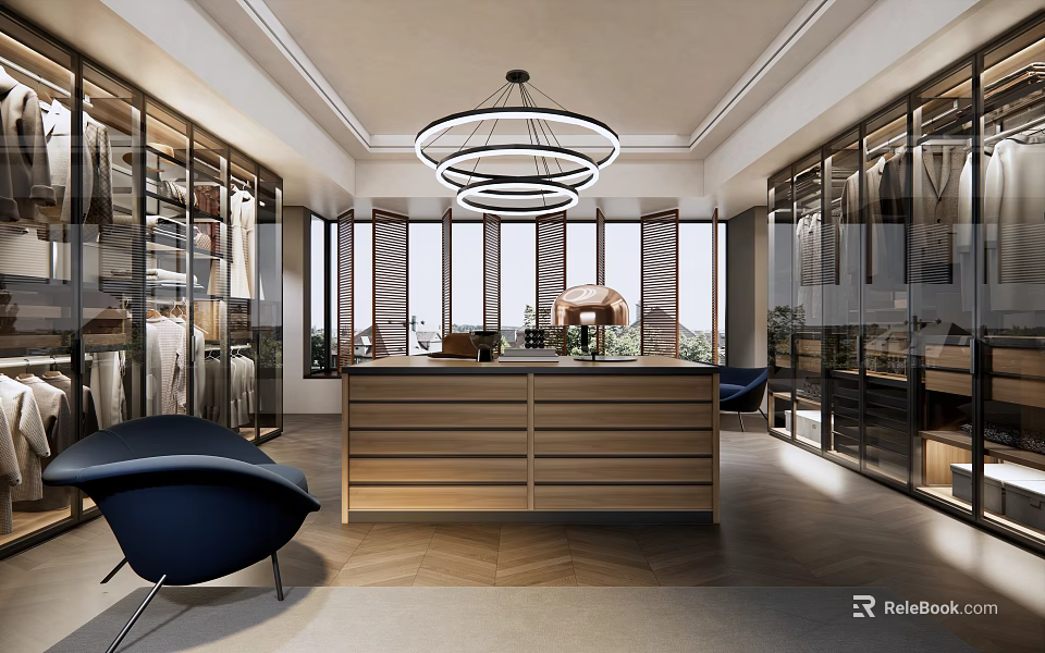 Luxury Modern Walk-in Closet Interior With Glass Door Cabinets Central Wooden Island And Chandelier 3d model 