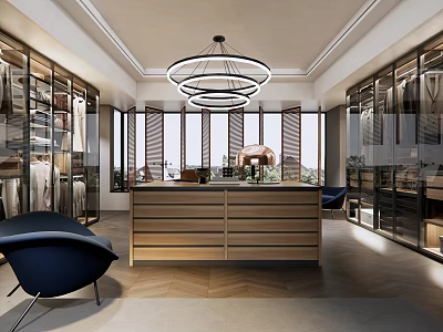Luxury Modern Walk-in Closet Interior With Glass Door Cabinets Central Wooden Island And Chandelier 3d model