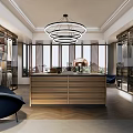 Luxury Modern Walk-in Closet Interior With Glass Door Cabinets Central Wooden Island And Chandelier