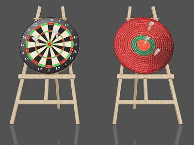 Dartboards With Two Different Designs Mounted On Wooden Easels With Darts For Sports Equipment 3d model
