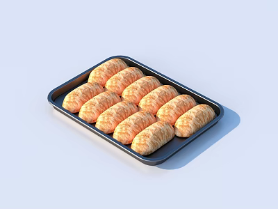 Freshly Baked Golden Sausage Rolls Arranged Neatly On Black Baking Tray 3d model