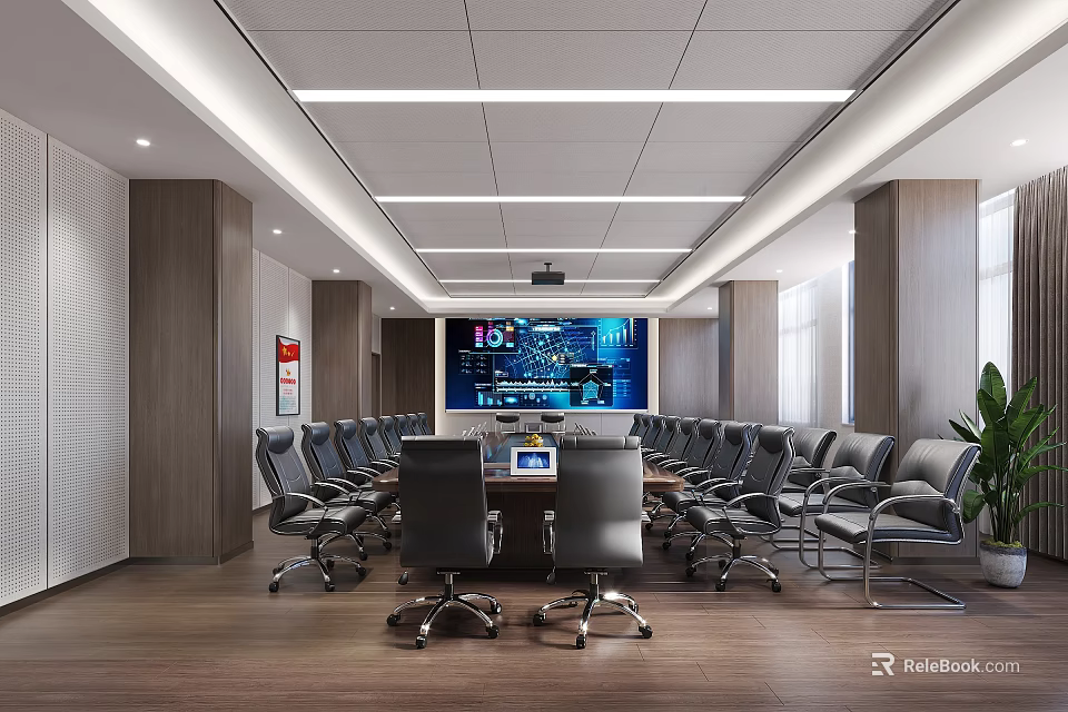Modern Conference Room Interior With Long Table Multiple Chairs Large Screen And Wooden Flooring 3d model 