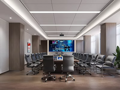 Modern Conference Room Interior With Long Table Multiple Chairs Large Screen And Wooden Flooring 3d model