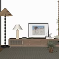 Modern Living Room With TV On Wooden Stand Beige Wall Bamboo Blinds Green Plants