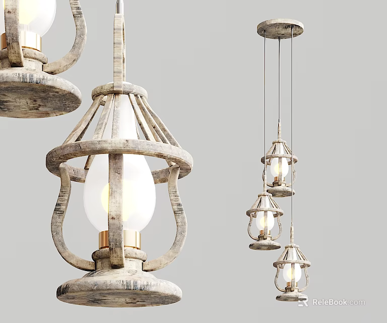 Rustic Wooden Hanging Chandelier With Glass Shade For Home Interior Decor 3d model 