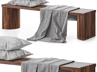 Modern Walnut Wood Sofa Bench With Gray Pillows And Soft Blanket 3d model