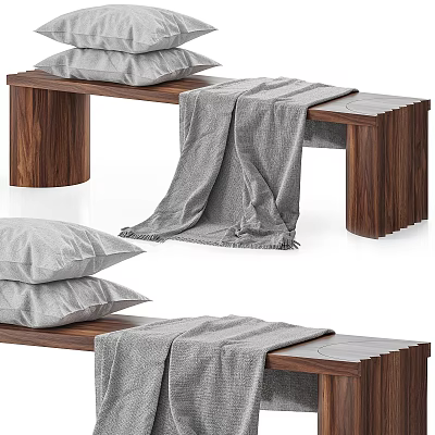 Modern Walnut Wood Sofa Bench With Gray Pillows And Soft Blanket 3d model