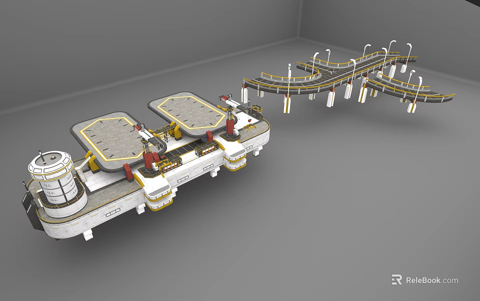 Industrial Mechanical System With Work Platforms Curved Conveyor Tracks And Red Components 3d model
