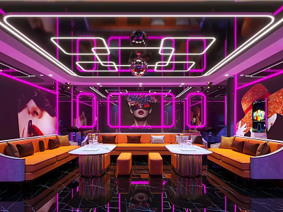 Modern KTV Room With Neon Lights Purple Lighting Orange Sofas Round Tables And Decorative Paintings 3d model