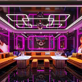 Modern KTV Room With Neon Lights Purple Lighting Orange Sofas Round Tables And Decorative Paintings
