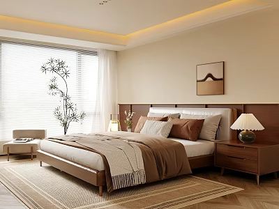 Modern Cozy Bedroom Interior Design With Wooden Bed Pillows Blanket Nightstand Lamp And Wall Art 3d model