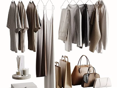 Elegant Neutral Tones Clothes With Cotton Tops Silk Dresses And Leather Handbags 3d model