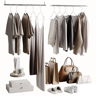 Elegant Neutral Tones Clothes With Cotton Tops Silk Dresses And Leather Handbags 3d model
