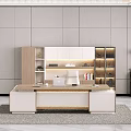 Modern Luxury Office Desk White And Wooden With Bookshelf Computer Chair Green Plant And Lighting