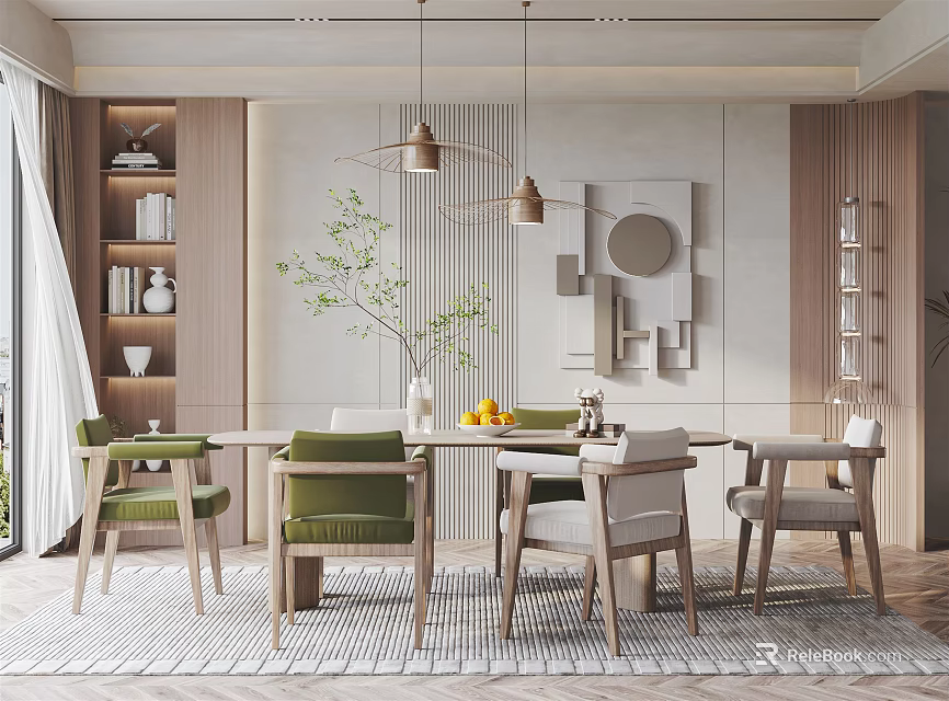 Elegant Restaurant Interior With Wooden Dining Table Green Chairs Pendant Lights Bookshelves And Wall Art 3d model 