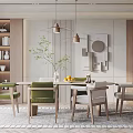 Elegant Restaurant Interior With Wooden Dining Table Green Chairs Pendant Lights Bookshelves And Wall Art