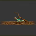 Vibrant Green And Blue Reptile Game Movie Character On Brown Branch With Small Twig