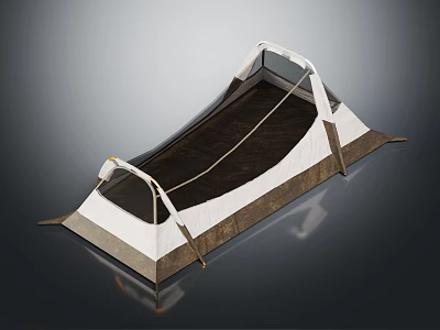 White And Brown Camping Tent With Support Poles And Dark Waterproof Floor 3d model