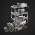 Industrial Equipment Storage Metal Rack With Multiple Shelves Holding Oil Drums Boxes Cans And Cables