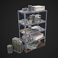 Industrial Storage Rack Realistic Factory Industrial Shelf Storage Rack Gasoline Barrel Wire Paint Barrel Spray Bottle Glass Bottle Notebook 3d model