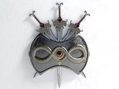 Decorative Wall Decor With Metallic Mask And Three Decorative Swords And Red Gemstone Center 3d model