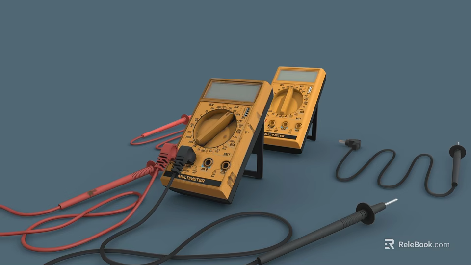 Two Yellow Analog Multimeters With Red Black Test Wires Displayed On Blue Background 3d model