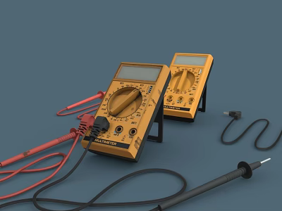 Two Yellow Analog Multimeters With Red Black Test Wires Displayed On Blue Background 3d model
