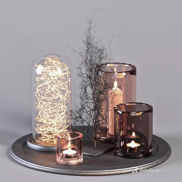 Decorative Ornament Set With Glass Cloche Fairy Lights Twig And Rose Gold Glass Candle Holders 3d model 