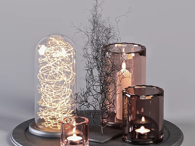 Decorative Ornament Set With Glass Cloche Fairy Lights Twig And Rose Gold Glass Candle Holders 3d model