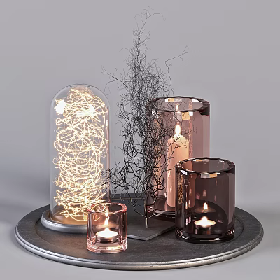 Decorative Ornament Set With Glass Cloche Fairy Lights Twig And Rose Gold Glass Candle Holders 3d model
