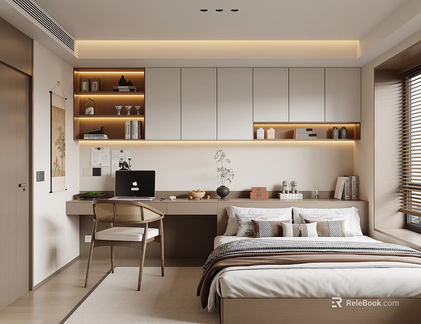 Modern Tatami Bedroom Interior Design With Desk Bookshelves Storage Cabinets And Ambient Lighting 3d model 