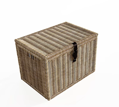 Woven Light Brown Storage Basket with Black Strap Handle for Home Organization 3d model