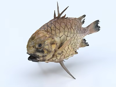 Unique Aquatic Animal With Hard Scales Large Head Open Mouth And Spiky Fins 3d model