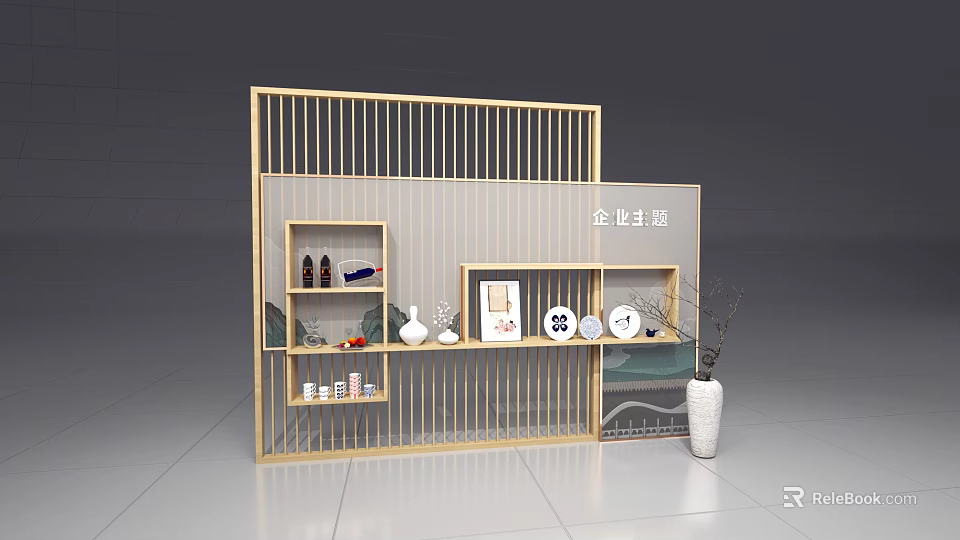 Modern Wooden Partition with Vertical Slats and Decorative Shelves Displaying Ornaments Plates and Vase 3d model 
