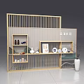 Modern Wooden Partition with Vertical Slats and Decorative Shelves Displaying Ornaments Plates and Vase